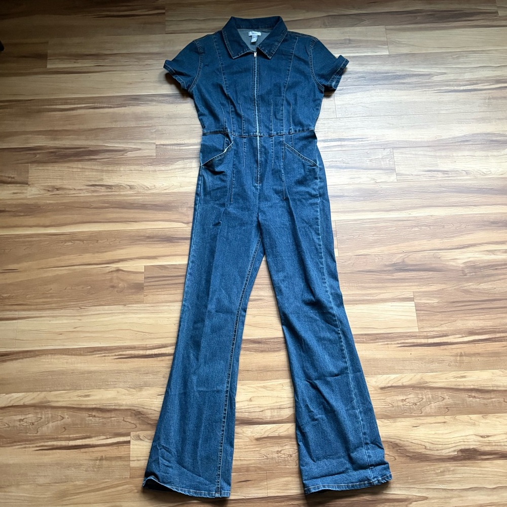 Zip-Up Denim Short-Sleeve Jumpsuit